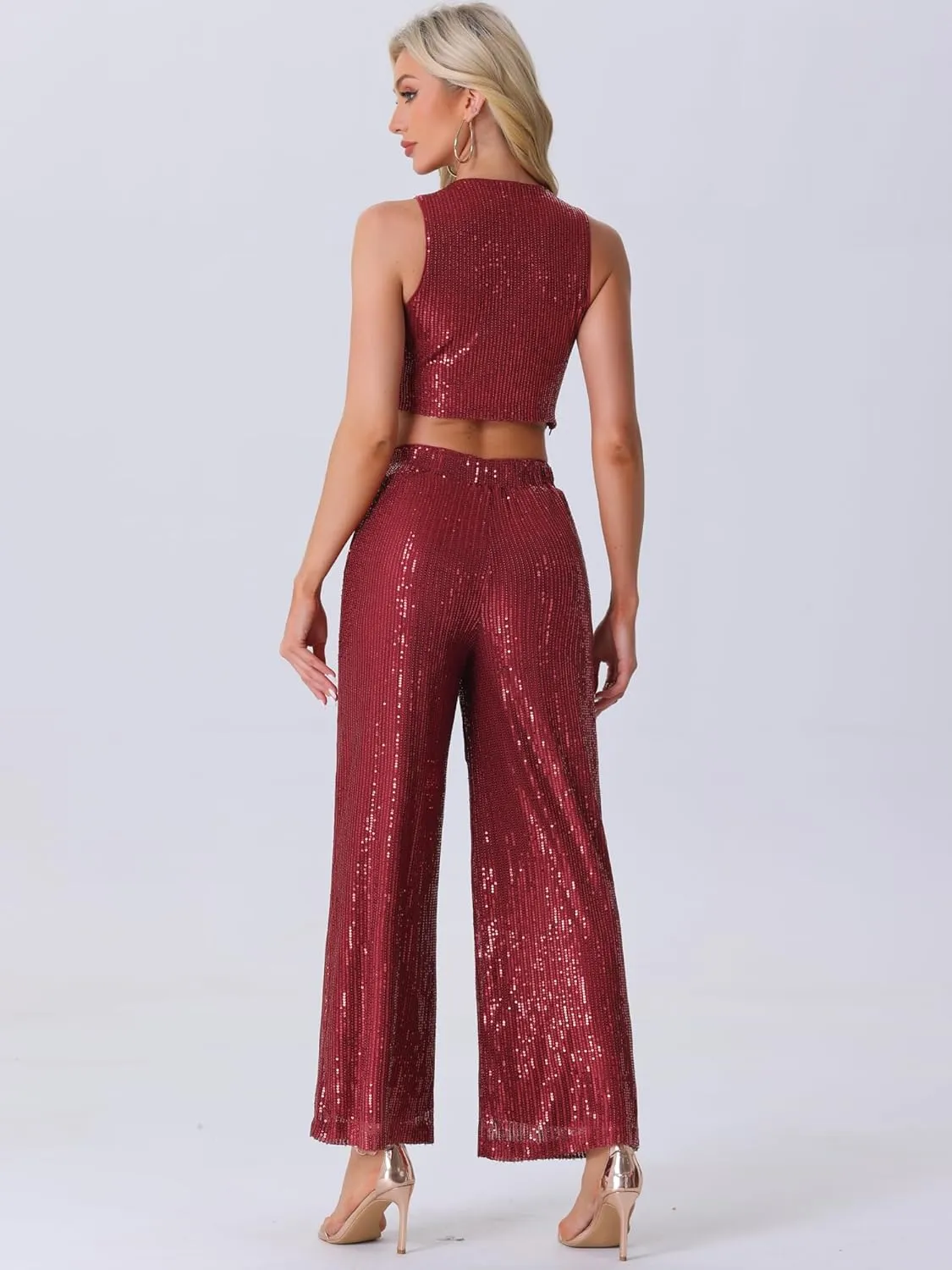 Allegra K Sequin Sets for Women's Cocktail Prom Tank Crop Top Wide Legs Pants Sparkle Two Piece Outfit