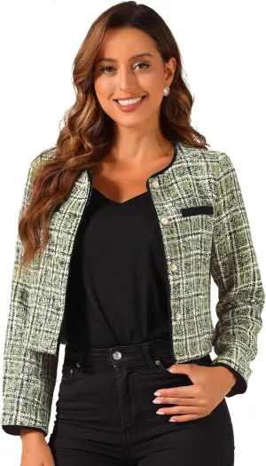 Allegra K Tweed Jacket for Women's Long Sleeve Casual Work Office Plaid Short Outwear