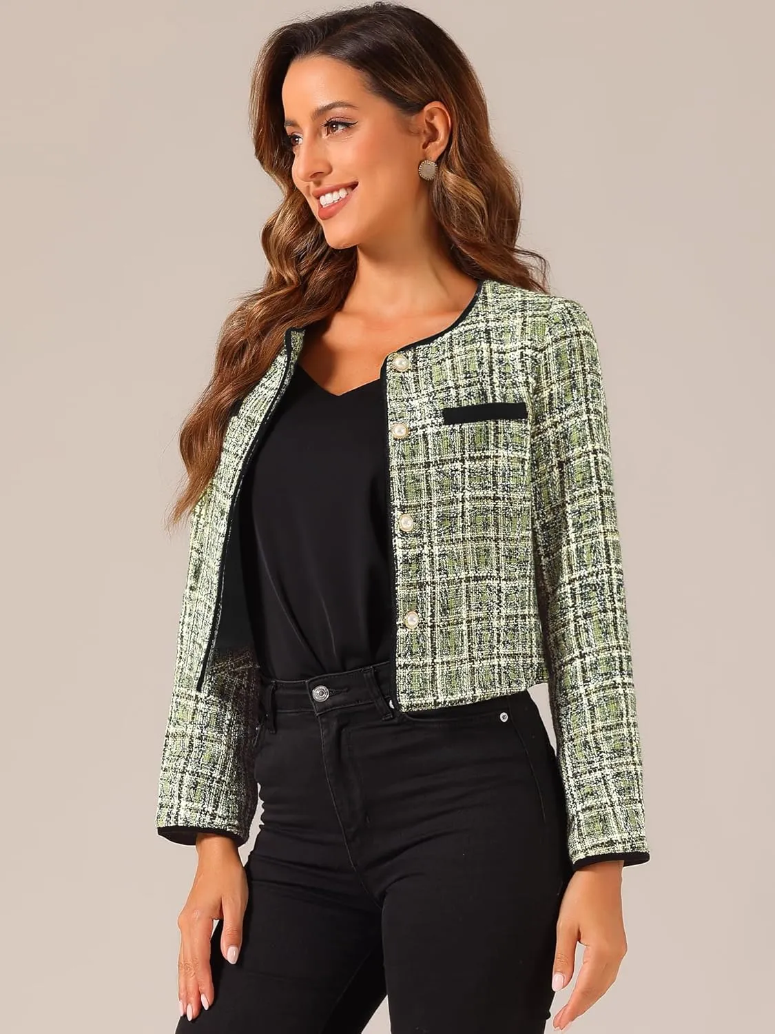 Allegra K Tweed Jacket for Women's Long Sleeve Casual Work Office Plaid Short Outwear
