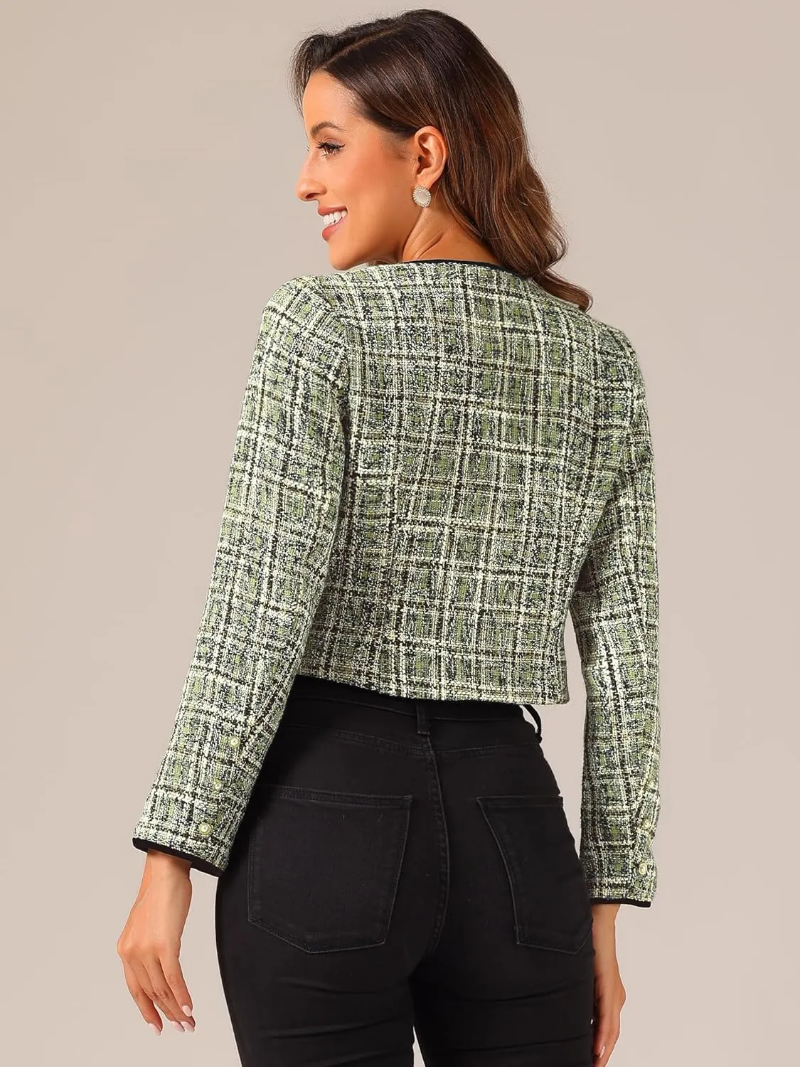 Allegra K Tweed Jacket for Women's Long Sleeve Casual Work Office Plaid Short Outwear