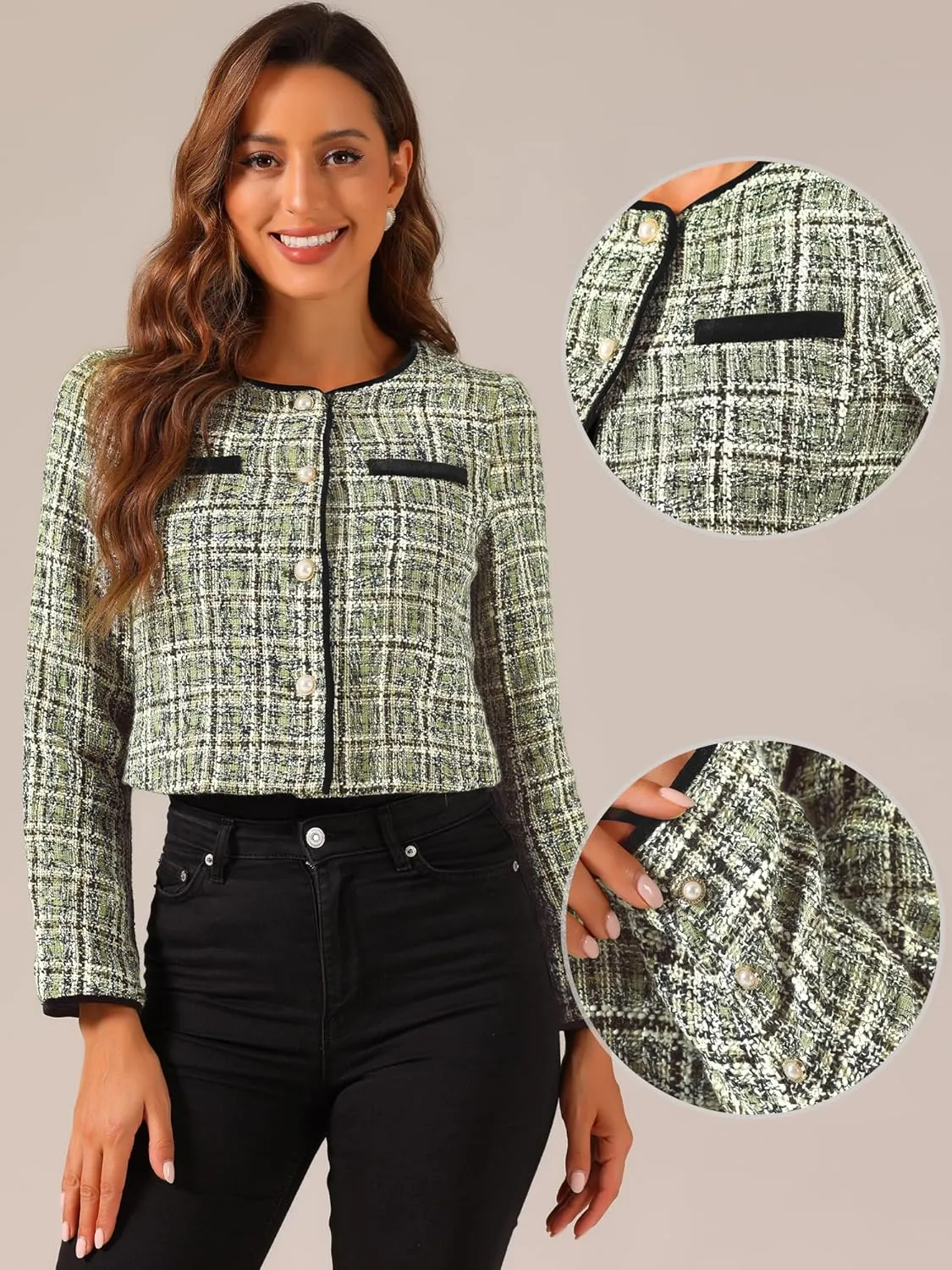 Allegra K Tweed Jacket for Women's Long Sleeve Casual Work Office Plaid Short Outwear