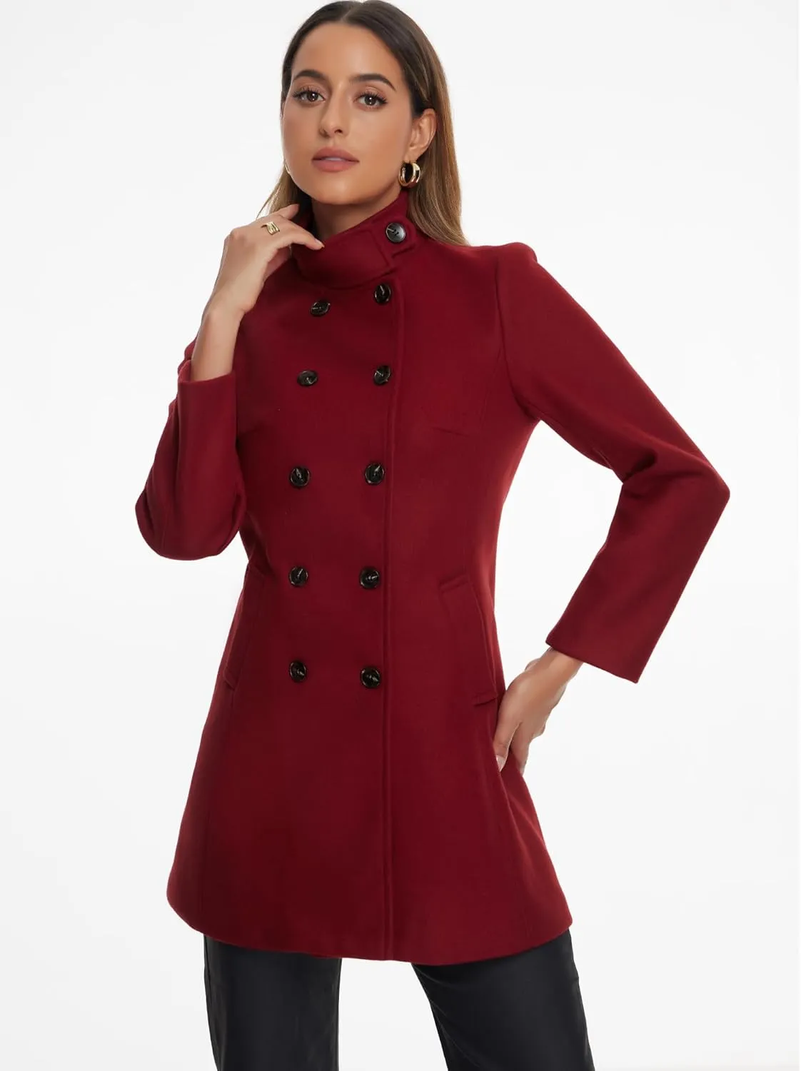 Allegra K Winter Trench Coats for Women's Casual Stand Collar Pea Double Breasted Overcoat