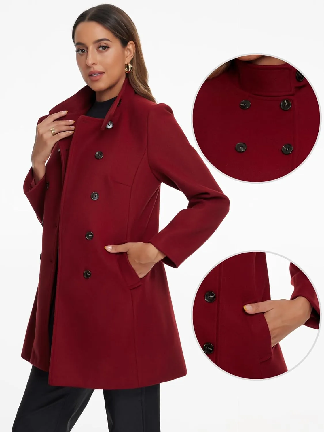 Allegra K Winter Trench Coats for Women's Casual Stand Collar Pea Double Breasted Overcoat
