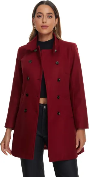 Allegra K Winter Trench Coats for Women's Casual Stand Collar Pea Double Breasted Overcoat