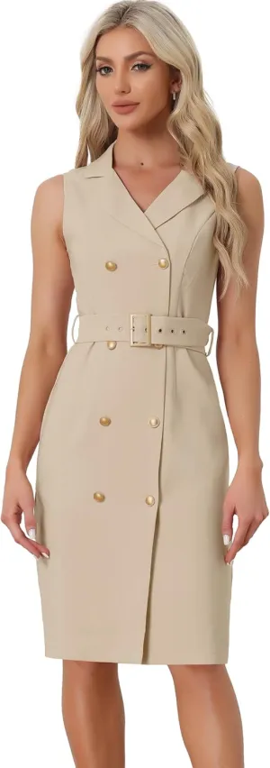 Allegra K Women's Blazer Dresses Summer Sleeveless Notched Lapel Double Breasted Belted Work Office Dress