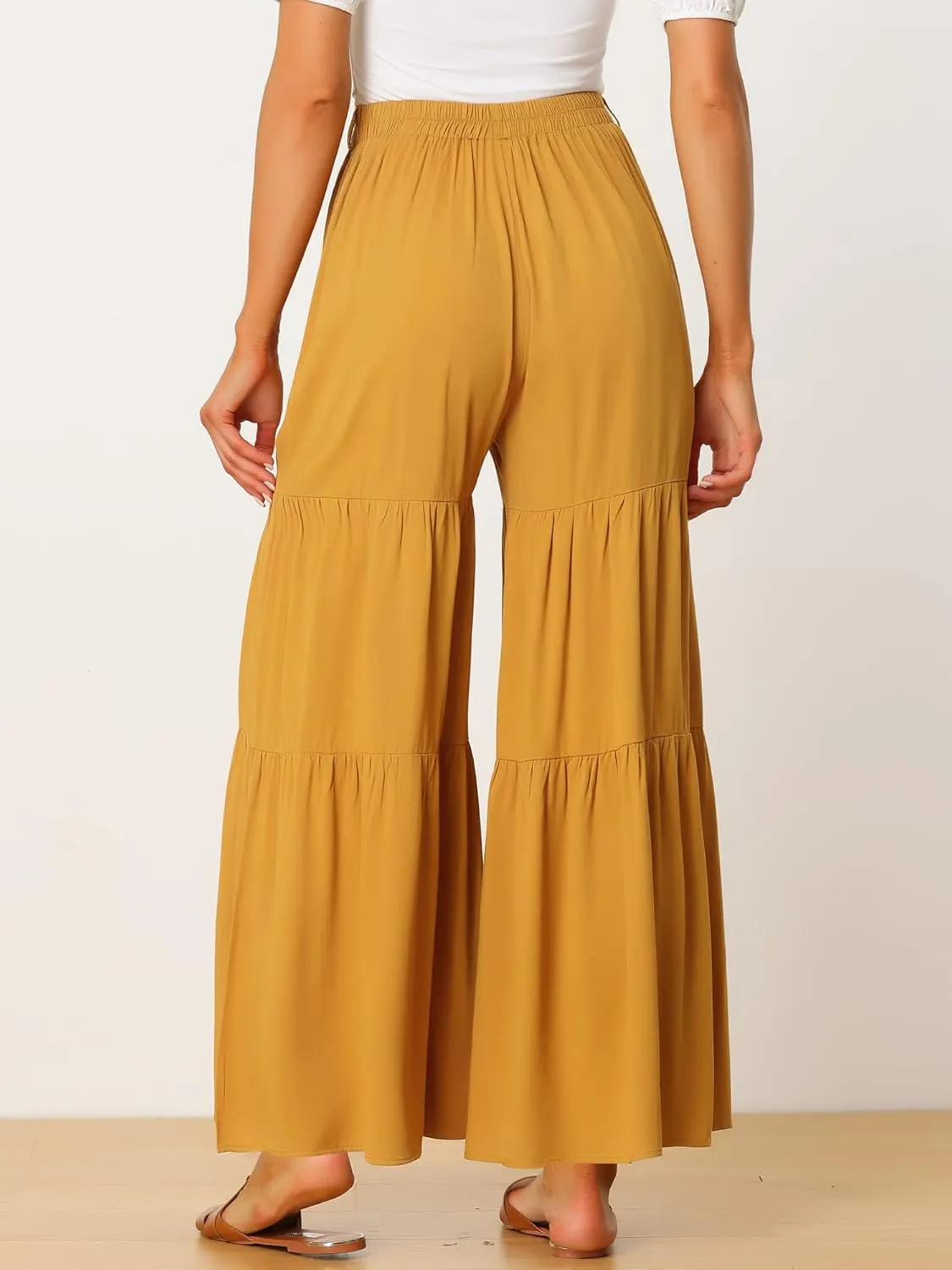 Allegra K Women's Boho Elastic High Waisted Ruffles Flare Palazzo Wide Leg Pants