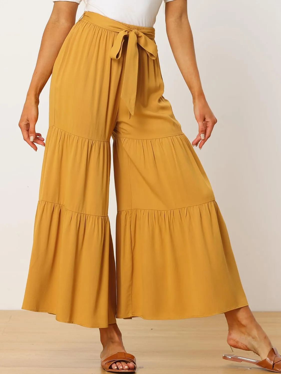 Allegra K Women's Boho Elastic High Waisted Ruffles Flare Palazzo Wide Leg Pants