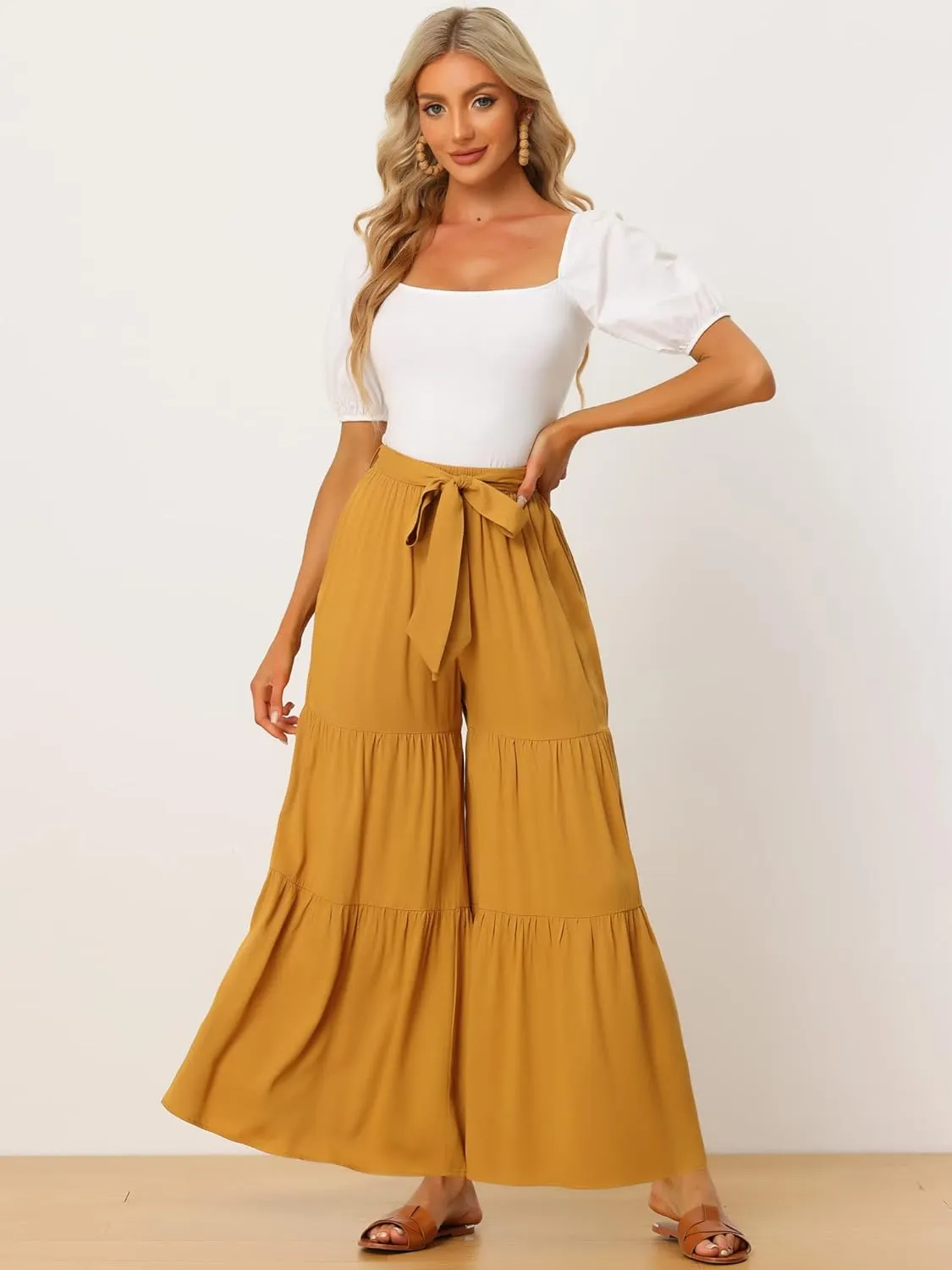 Allegra K Women's Boho Elastic High Waisted Ruffles Flare Palazzo Wide Leg Pants