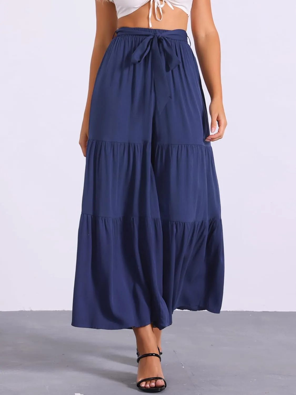 Allegra K Women's Boho Elastic High Waisted Ruffles Flare Palazzo Wide Leg Pants