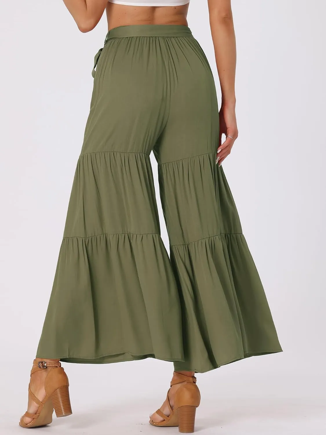 Allegra K Women's Boho Elastic High Waisted Ruffles Flare Palazzo Wide Leg Pants
