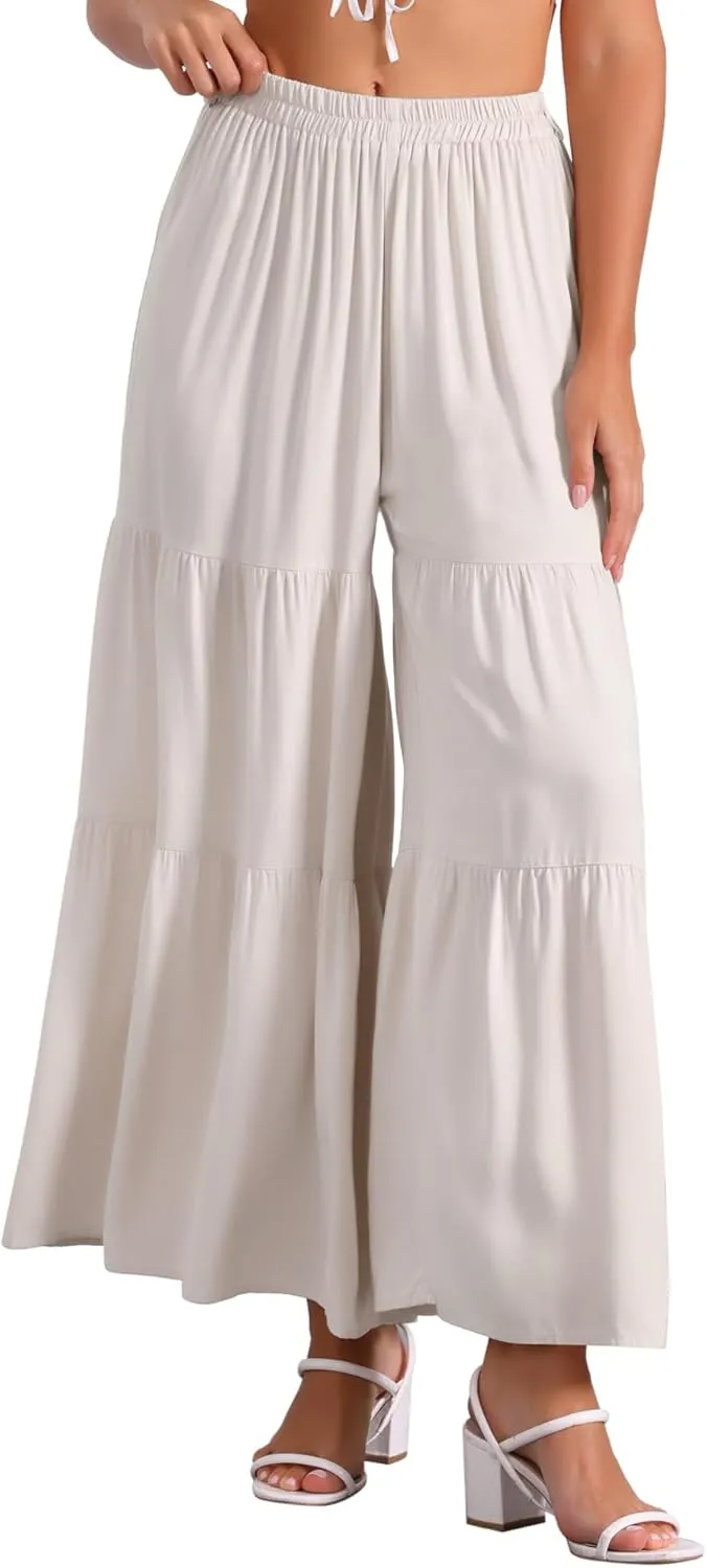 Allegra K Women's Boho Elastic High Waisted Ruffles Flare Palazzo Wide Leg Pants
