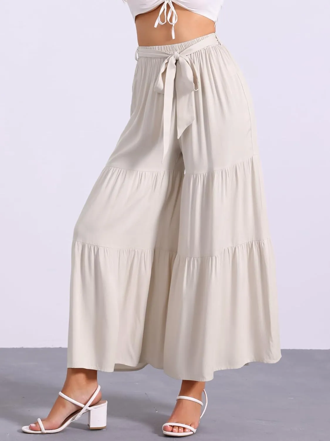 Allegra K Women's Boho Elastic High Waisted Ruffles Flare Palazzo Wide Leg Pants