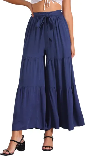 Allegra K Women's Boho Elastic High Waisted Ruffles Flare Palazzo Wide Leg Pants
