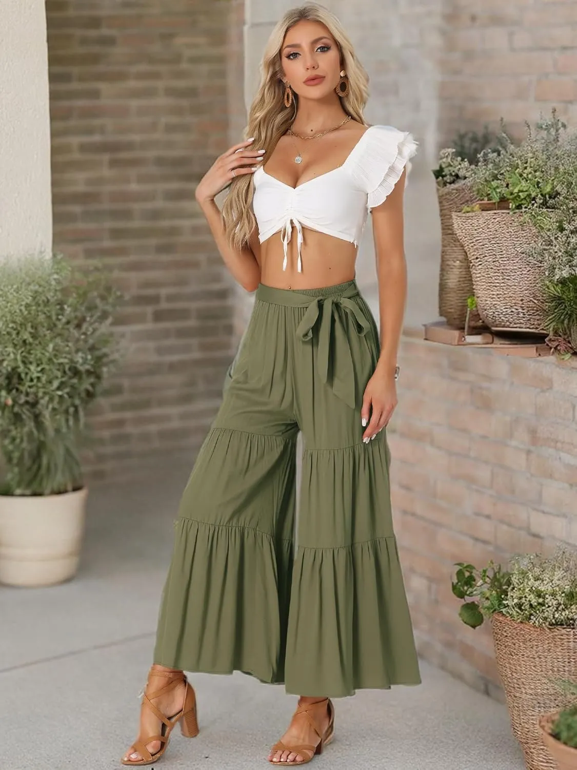 Allegra K Women's Boho Elastic High Waisted Ruffles Flare Palazzo Wide Leg Pants
