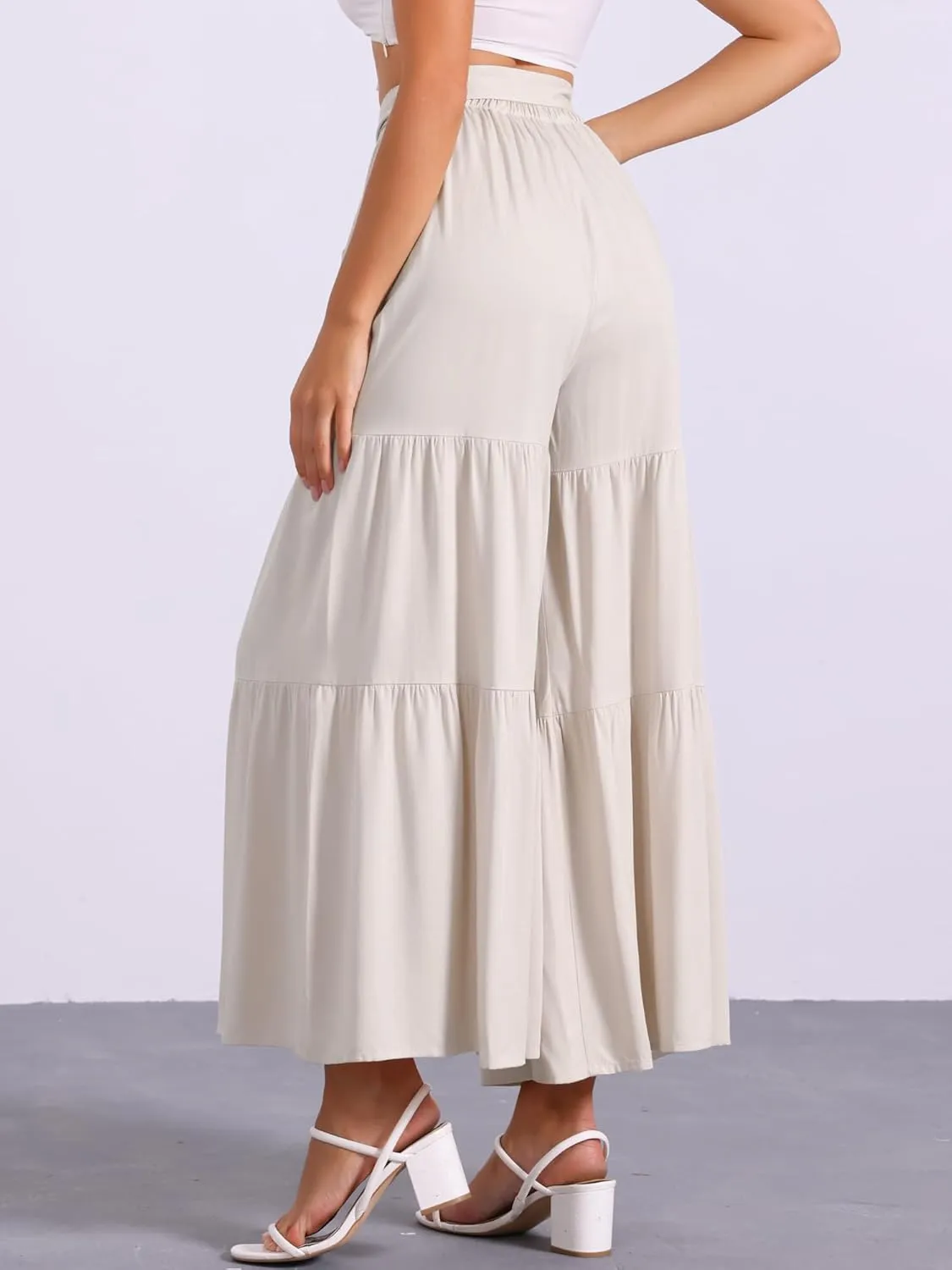 Allegra K Women's Boho Elastic High Waisted Ruffles Flare Palazzo Wide Leg Pants