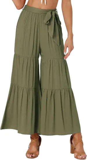 Allegra K Women's Boho Elastic High Waisted Ruffles Flare Palazzo Wide Leg Pants