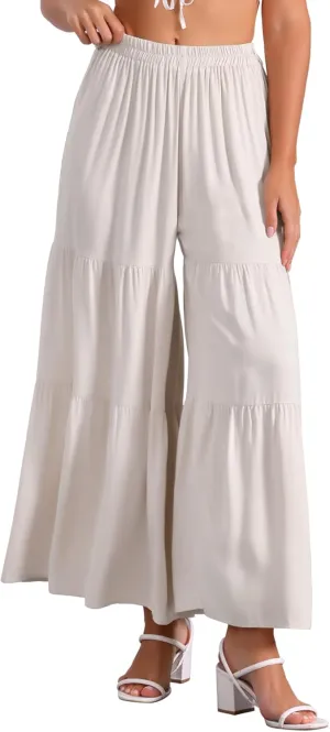 Allegra K Women's Boho Elastic High Waisted Ruffles Flare Palazzo Wide Leg Pants