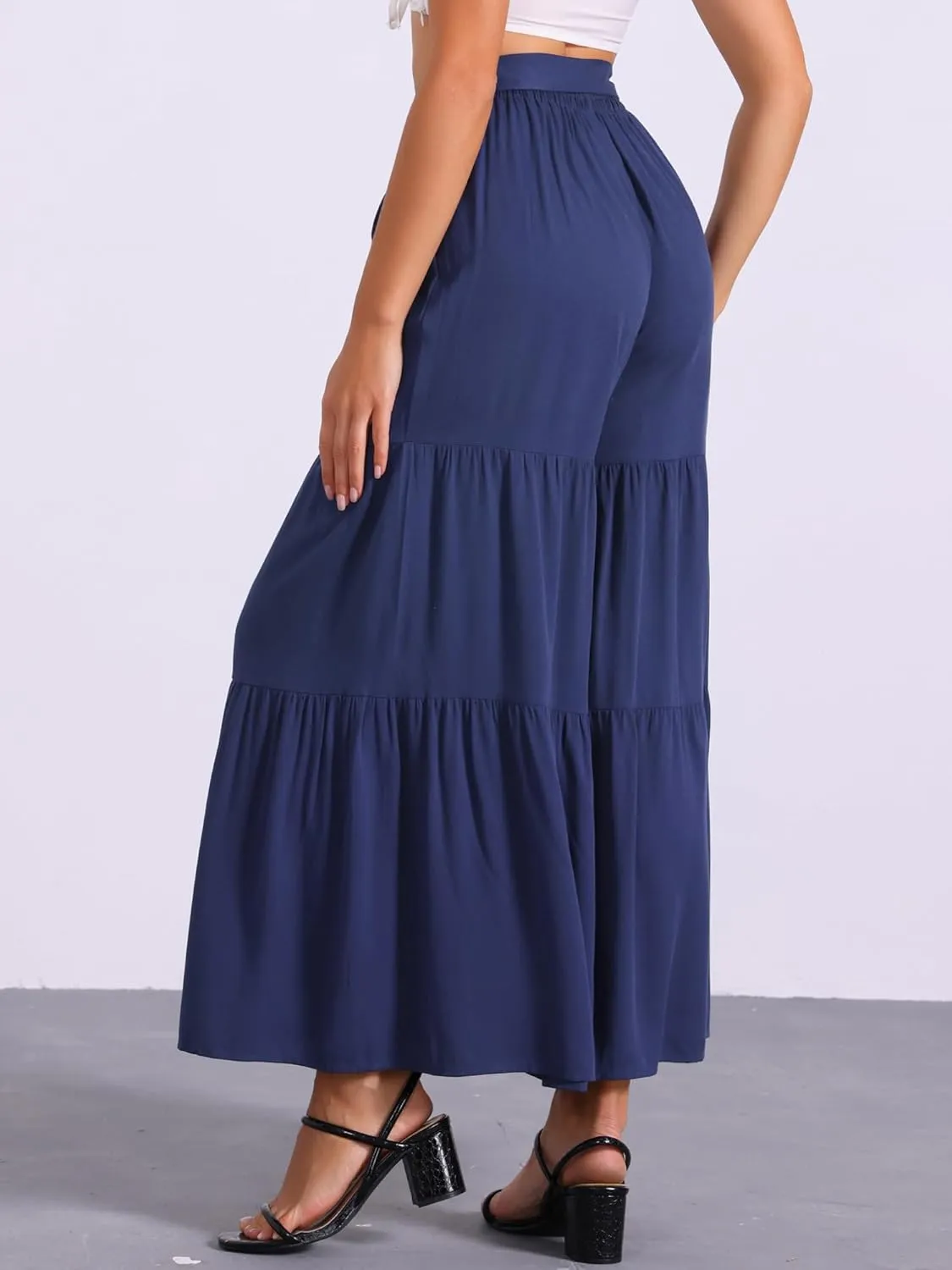 Allegra K Women's Boho Elastic High Waisted Ruffles Flare Palazzo Wide Leg Pants