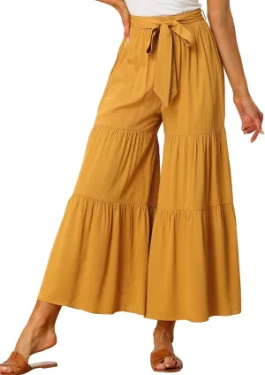 Allegra K Women's Boho Elastic High Waisted Ruffles Flare Palazzo Wide Leg Pants