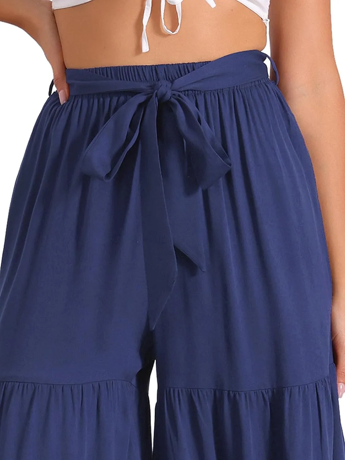 Allegra K Women's Boho Elastic High Waisted Ruffles Flare Palazzo Wide Leg Pants