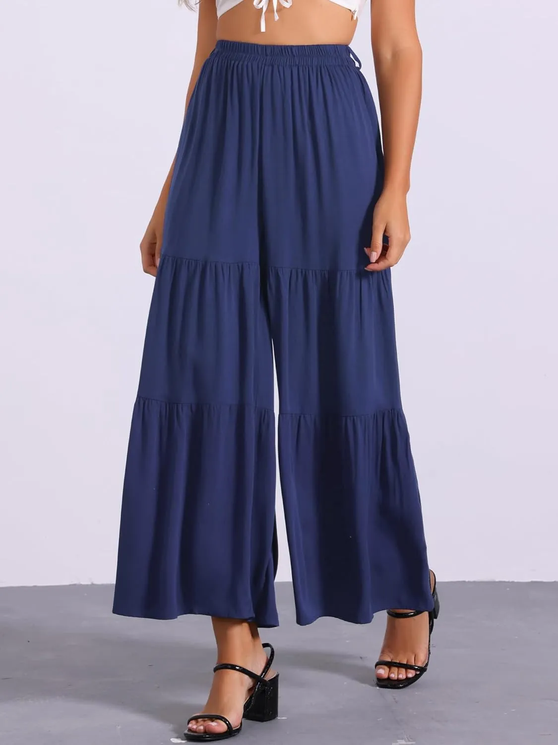Allegra K Women's Boho Elastic High Waisted Ruffles Flare Palazzo Wide Leg Pants