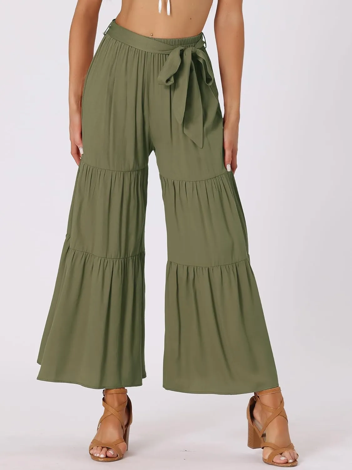 Allegra K Women's Boho Elastic High Waisted Ruffles Flare Palazzo Wide Leg Pants