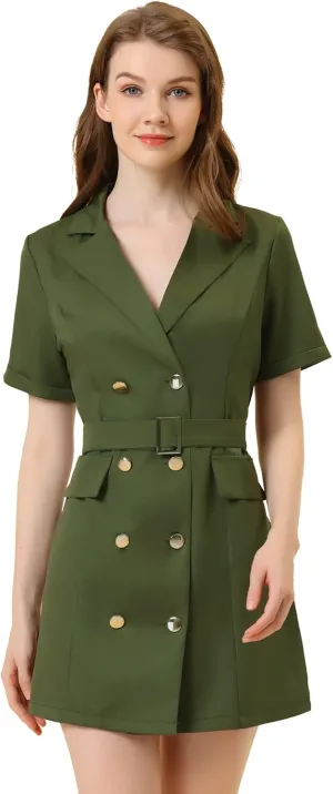 Allegra K Women's Notched Lapel Double Breasted Casual Work Office Belted Blazer Dress