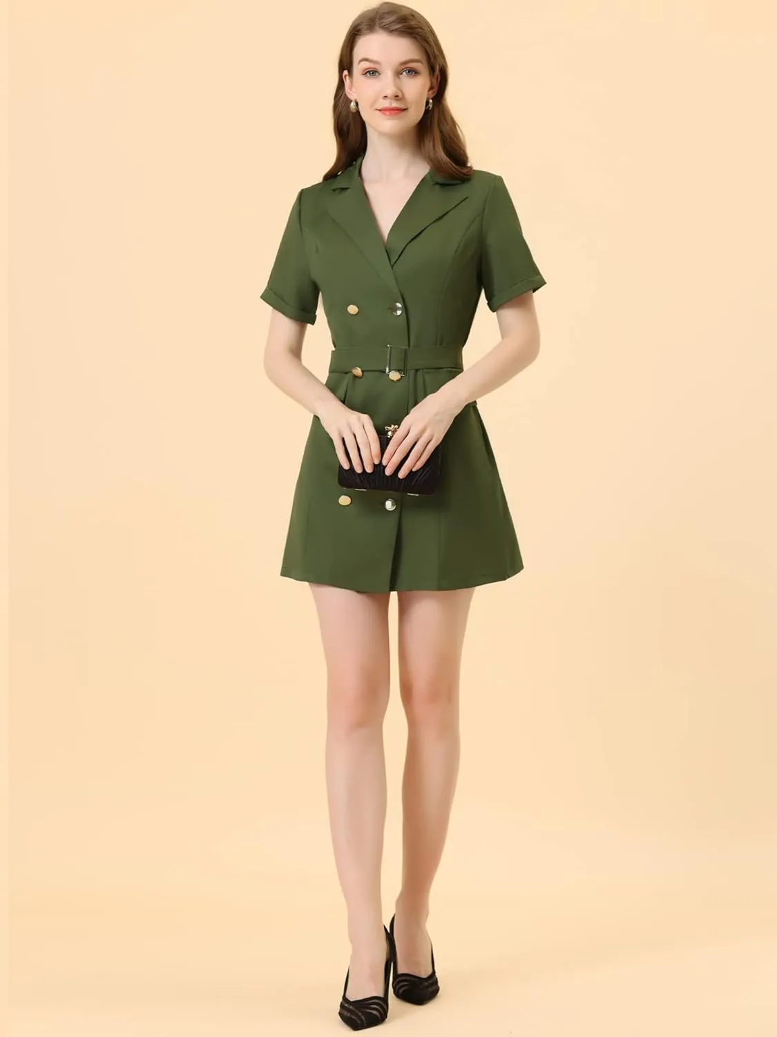 Allegra K Women's Notched Lapel Double Breasted Casual Work Office Belted Blazer Dress