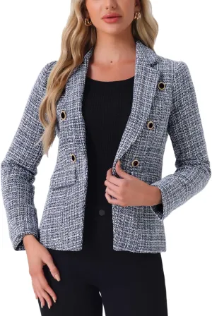 Allegra K Women's Tweed Jacket Plaid Blazer Long Sleeve Elegant Work Open Front Tweed Blazer Jackets