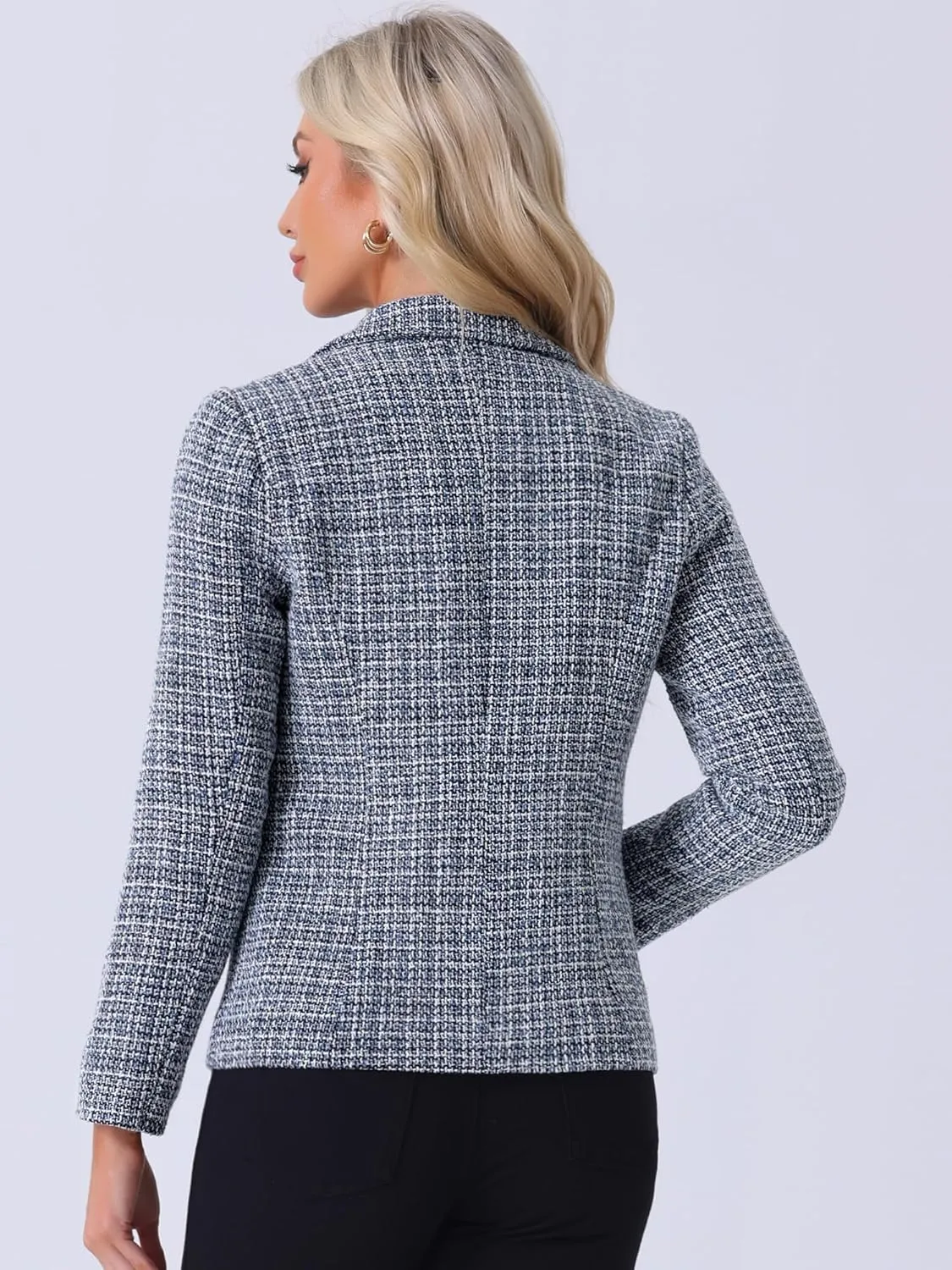 Allegra K Women's Tweed Jacket Plaid Blazer Long Sleeve Elegant Work Open Front Tweed Blazer Jackets