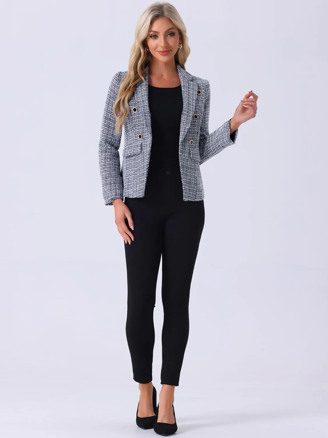 Allegra K Women's Tweed Jacket Plaid Blazer Long Sleeve Elegant Work Open Front Tweed Blazer Jackets