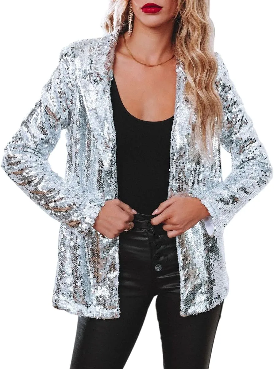 ALLUMK Women Evening Bling Sequin Jacket Open Front Work Blazer Long Sleeve Laple Cardigan Coat