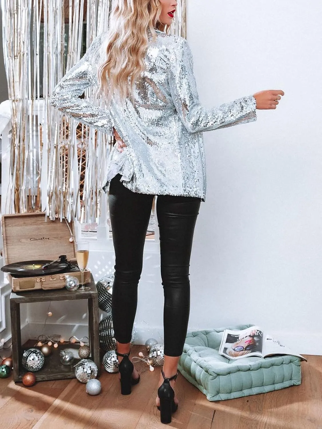 ALLUMK Women Evening Bling Sequin Jacket Open Front Work Blazer Long Sleeve Laple Cardigan Coat