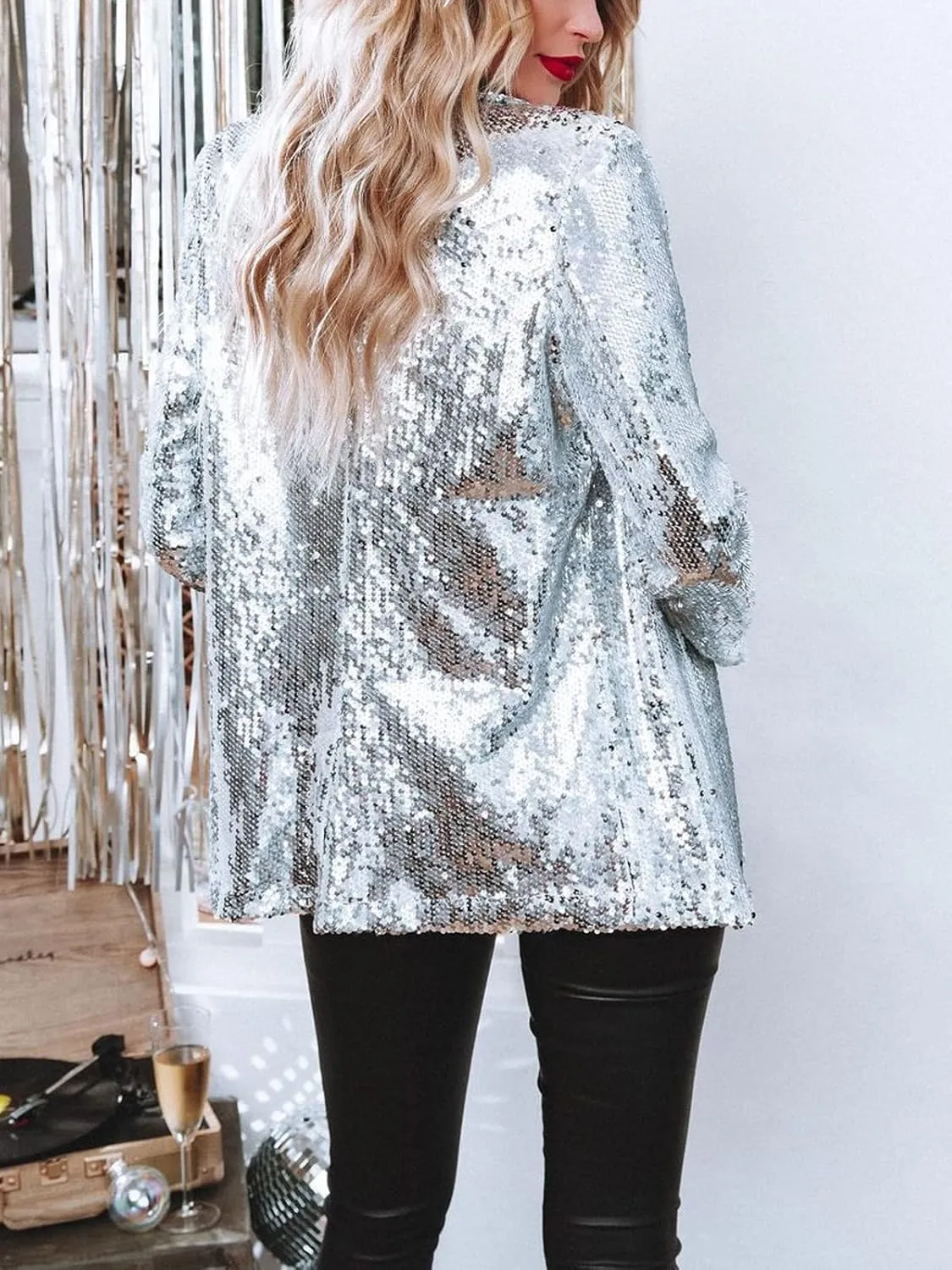 ALLUMK Women Evening Bling Sequin Jacket Open Front Work Blazer Long Sleeve Laple Cardigan Coat