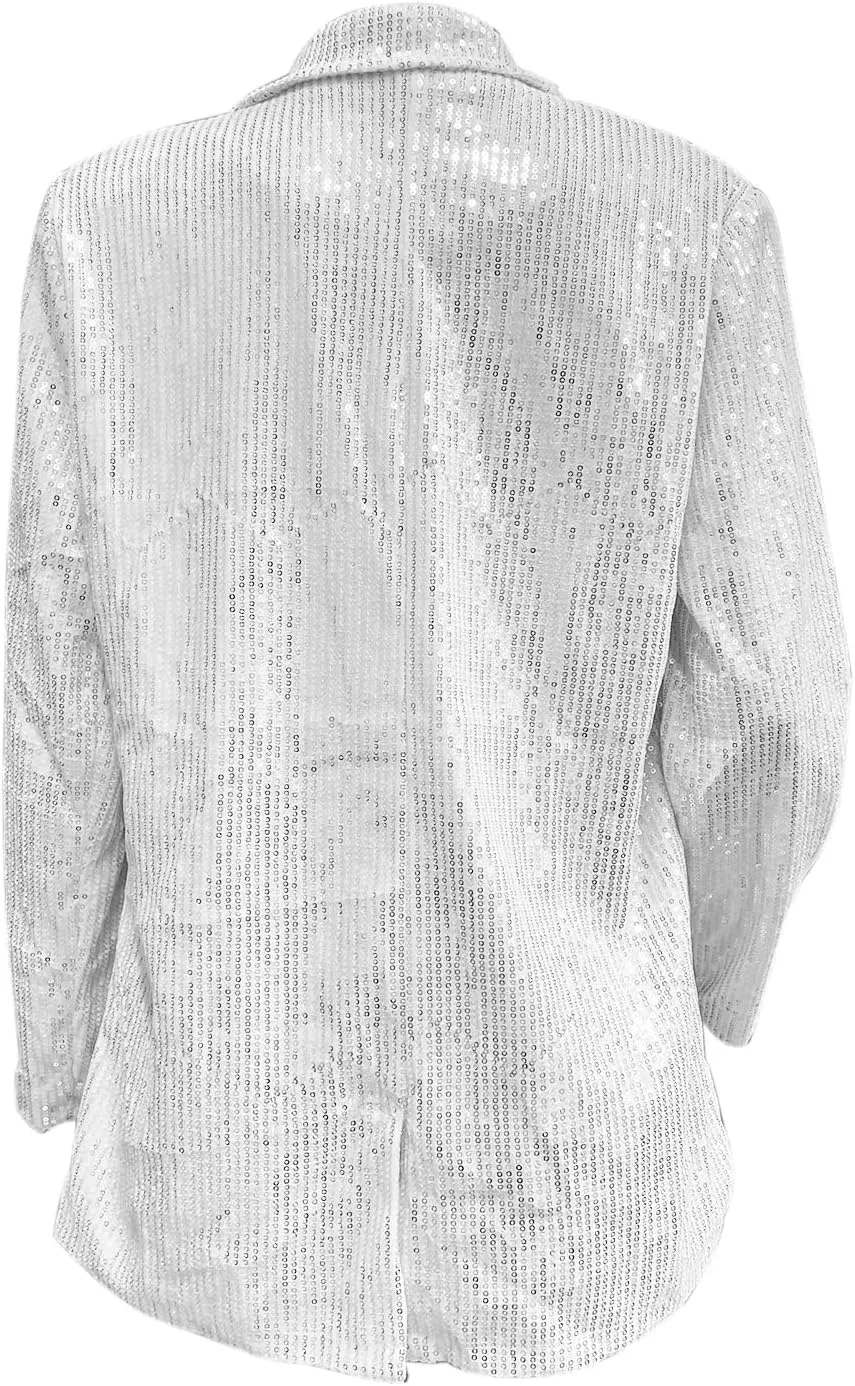 ALLUMK Women Evening Bling Sequin Jacket Open Front Work Blazer Long Sleeve Laple Cardigan Coat