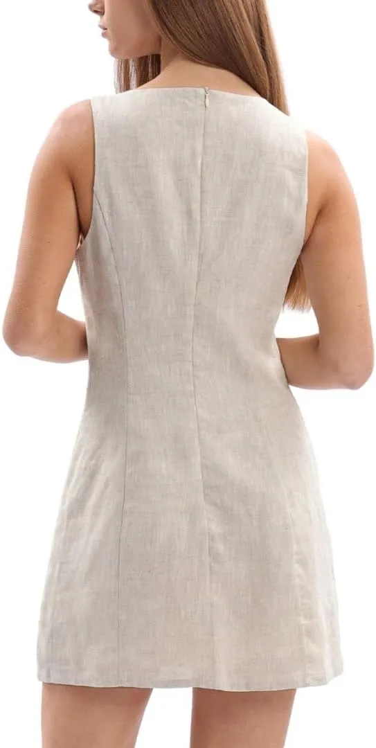 Amazhiyu Womens 100% Linen Summer V Neck Tie Front Sleeveless Mini Tank Dress