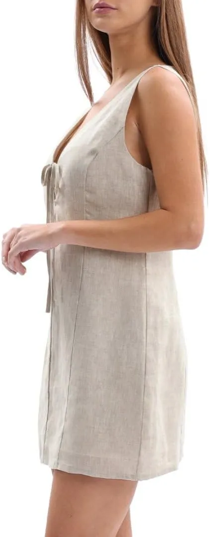 Amazhiyu Womens 100% Linen Summer V Neck Tie Front Sleeveless Mini Tank Dress