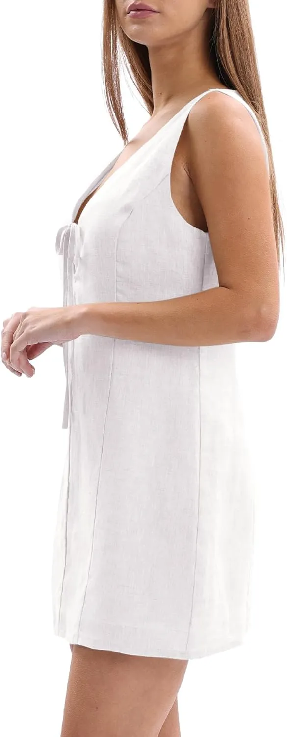 Amazhiyu Womens 100% Linen Summer V Neck Tie Front Sleeveless Mini Tank Dress