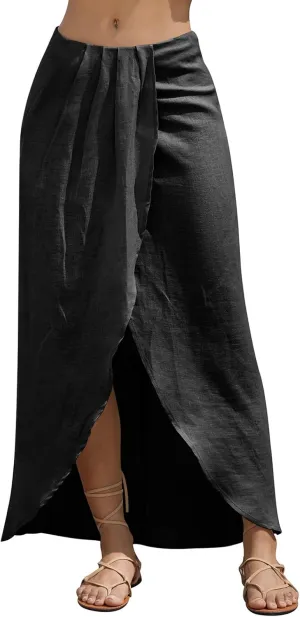 Amazhiyu Womens Pure Linen Slit Asymmetrical High Waist Maxi Draped Summer Skirt Black, XX-Large