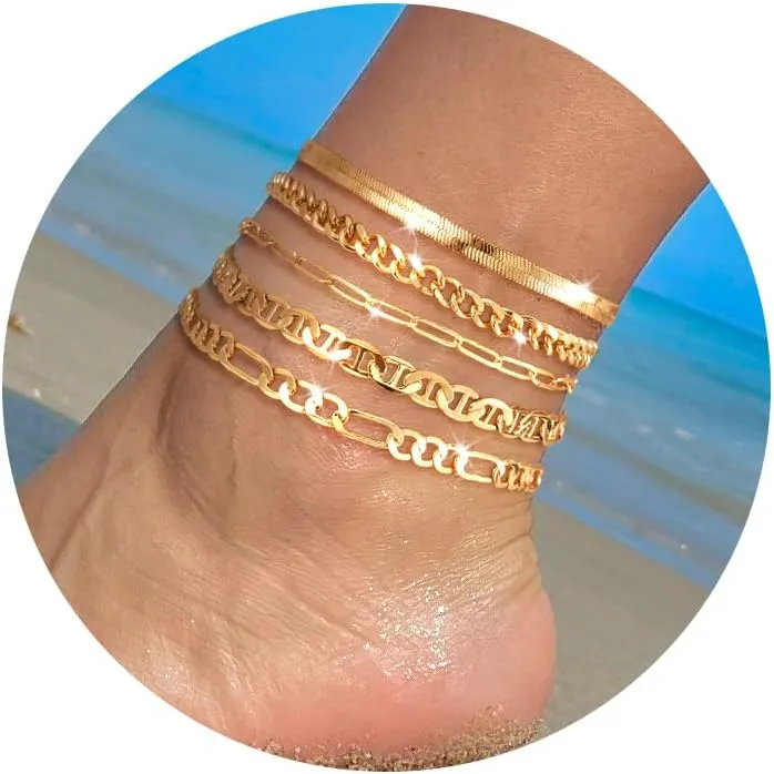 Ankle Bracelets for Women, Silver Layered Glitter Waterproof Anklet for Women 14K Gold Plated Anklets Sterling Silver Layered Moon Pendant Anklet Summer Beach Waterproof Anklet for Women