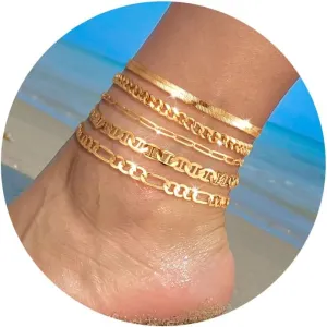 Ankle Bracelets for Women, Silver Layered Glitter Waterproof Anklet for Women 14K Gold Plated Anklets Sterling Silver Layered Moon Pendant Anklet Summer Beach Waterproof Anklet for Women