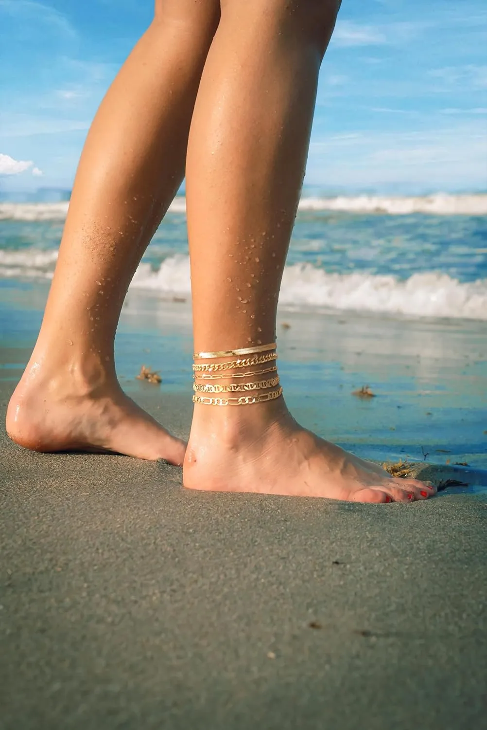 Ankle Bracelets for Women, Silver Layered Glitter Waterproof Anklet for Women 14K Gold Plated Anklets Sterling Silver Layered Moon Pendant Anklet Summer Beach Waterproof Anklet for Women