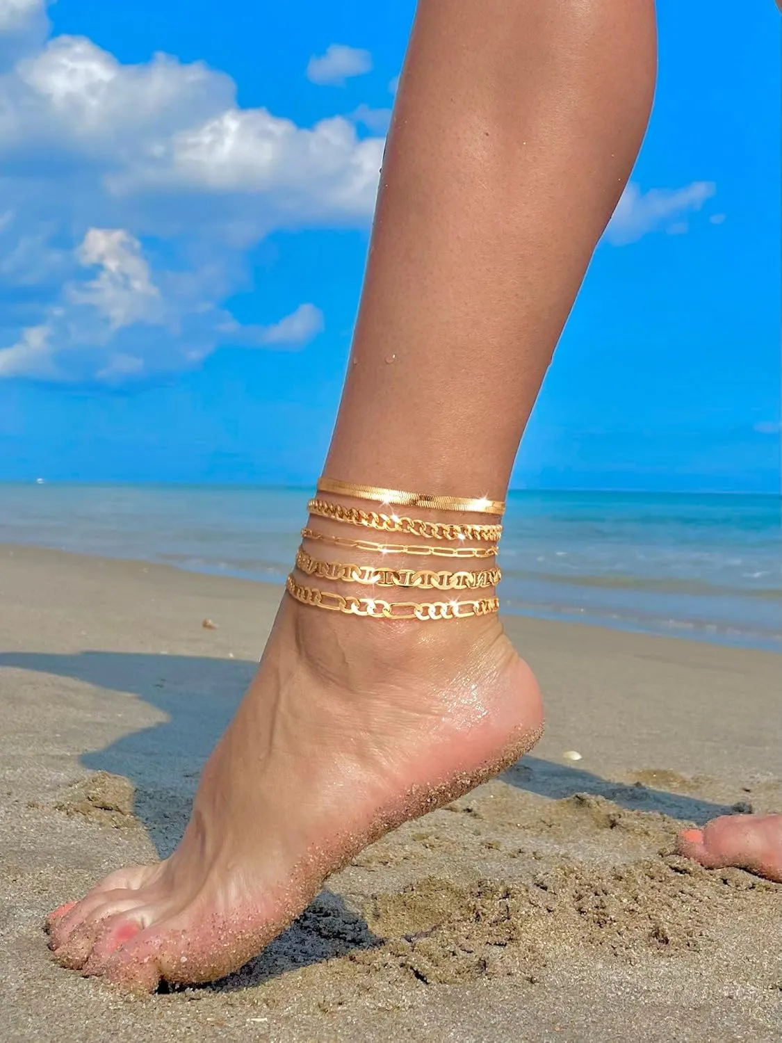 Ankle Bracelets for Women, Silver Layered Glitter Waterproof Anklet for Women 14K Gold Plated Anklets Sterling Silver Layered Moon Pendant Anklet Summer Beach Waterproof Anklet for Women