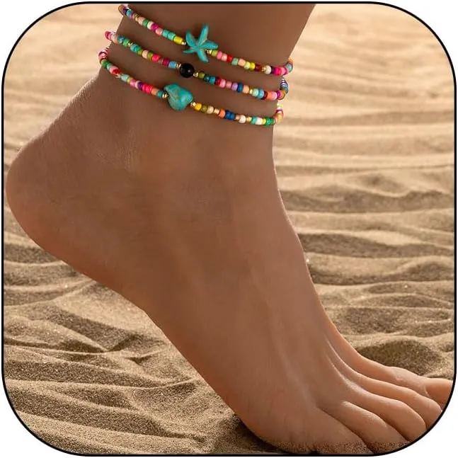 Ankle Bracelets for Women Waterproof Heart Beaded Anklet Layered Elastic Beaded Anklet Boho Beach Stretchy Anklets Foot Jewelry for Beach Accessories for Summer