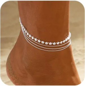 Anklets for Women 14K Silver/Gold Plated Ankle Bracelets Dainty Waterproof Bead Rhinestone Cuban Link Chain Anklets Trendy Women's Anklets Jewelry Set for Gift