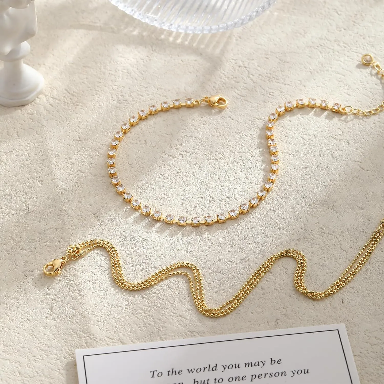 Anklets for Women 14K Silver/Gold Plated Ankle Bracelets Dainty Waterproof Bead Rhinestone Cuban Link Chain Anklets Trendy Women's Anklets Jewelry Set for Gift