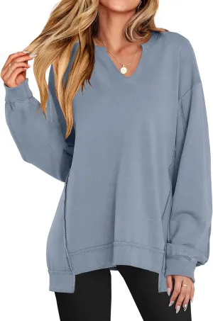 ANRABESS Womens Oversized Sweatshirts V Neck Long Sleeve Tunic Lightweight Pullover Shirts 2025 Fall Tops Teen Girls Outfits