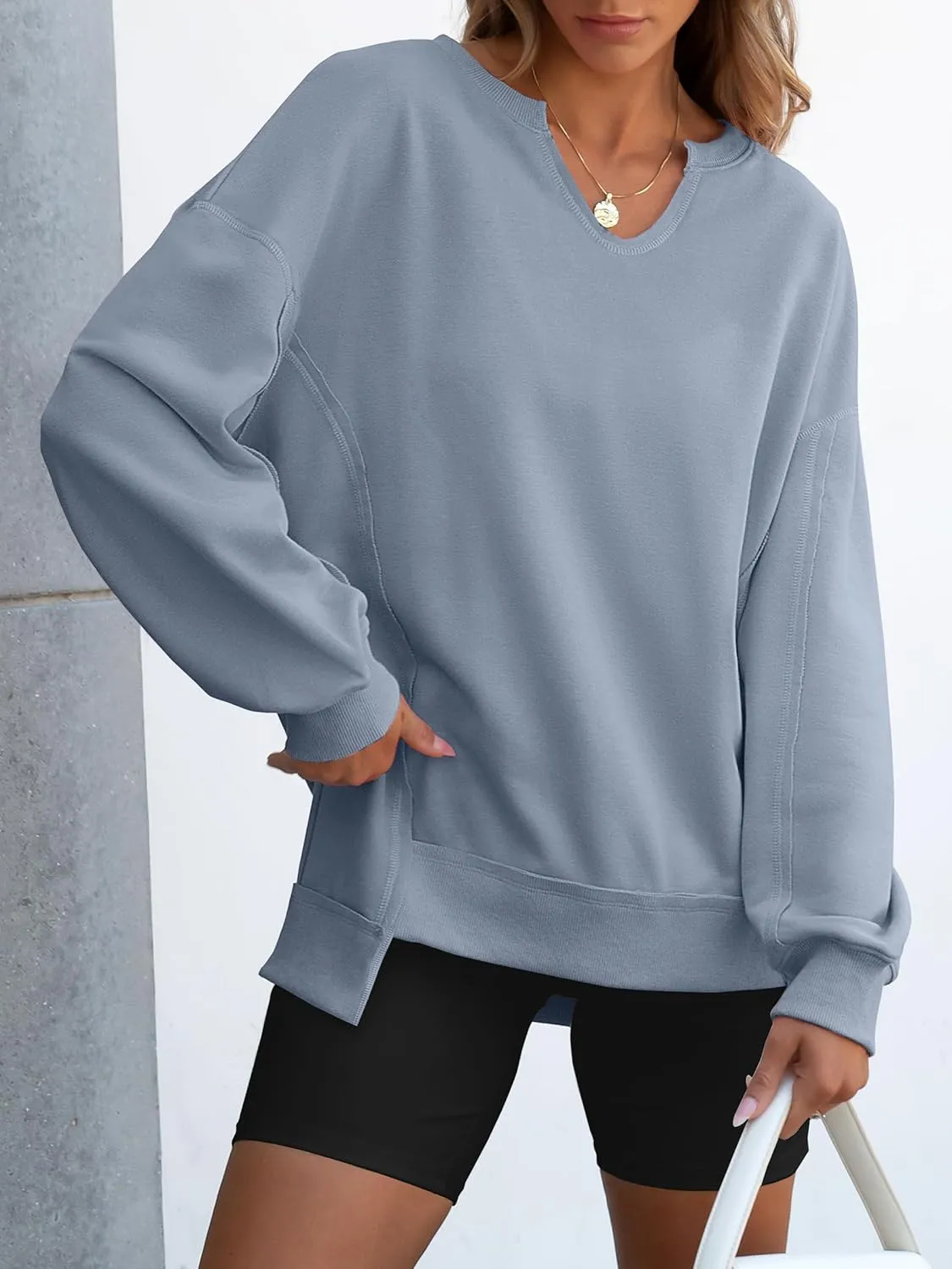 ANRABESS Womens Oversized Sweatshirts V Neck Long Sleeve Tunic Lightweight Pullover Shirts 2025 Fall Tops Teen Girls Outfits