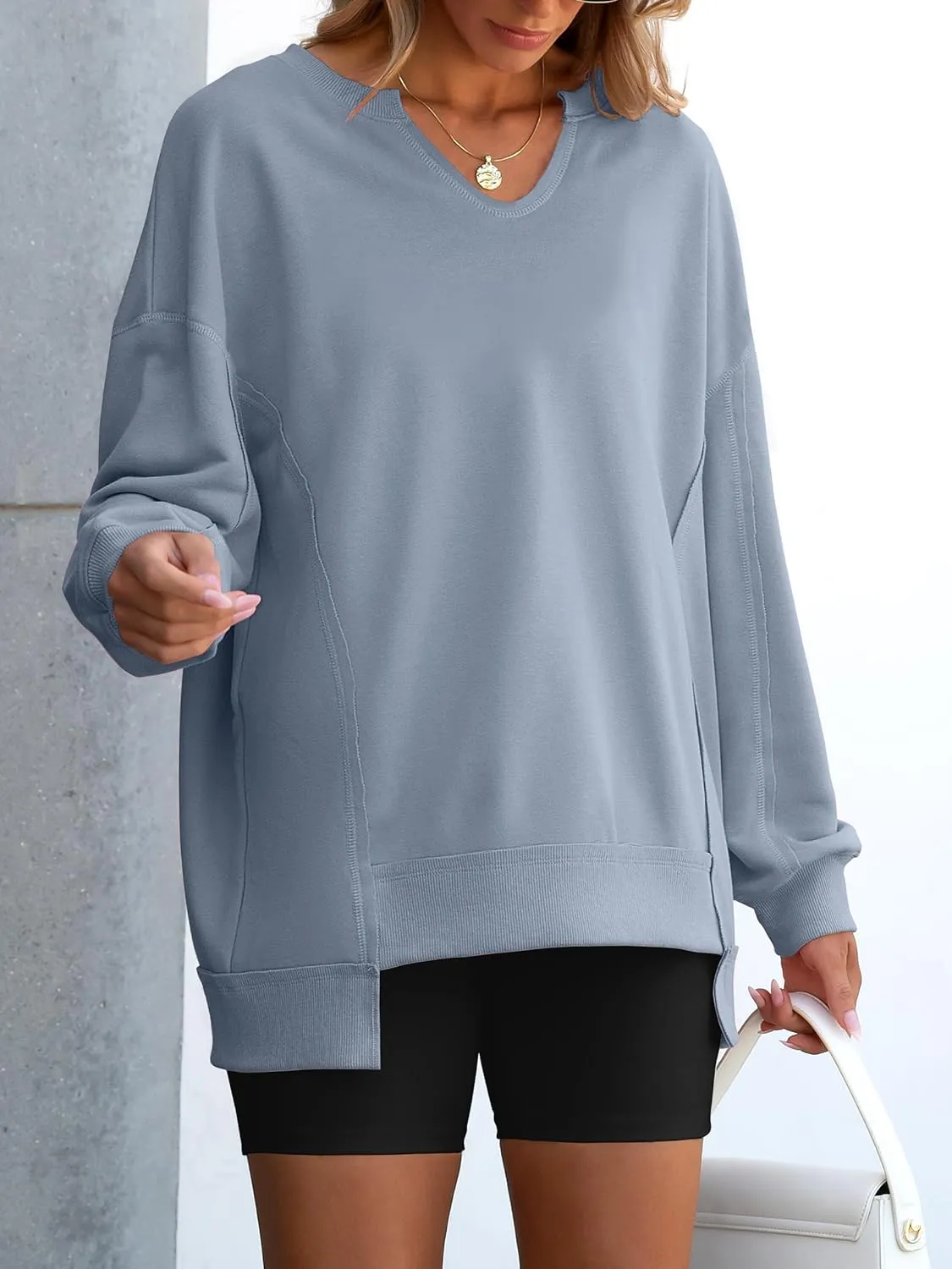 ANRABESS Womens Oversized Sweatshirts V Neck Long Sleeve Tunic Lightweight Pullover Shirts 2025 Fall Tops Teen Girls Outfits