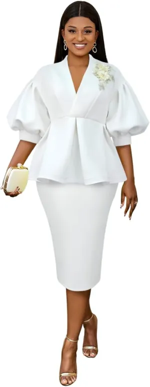 AOMEI Business Suit Sets for Women's 2 Piece Outfits V Neck Peplum Tops Floral Applique Formal Pencil Midi Skirt Suit
